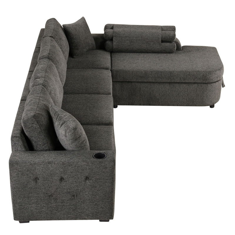 L-Shaped Couch Sectional Sofa With Storage Chaise, Cup Holder And USB Ports For Living Room