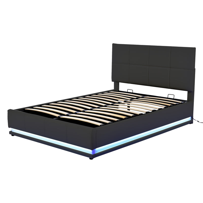 Tufted Upholstered Platform Bed with Hydraulic Storage System,Queen Size PU Storage Bed with LED Lights and USB charger, Black