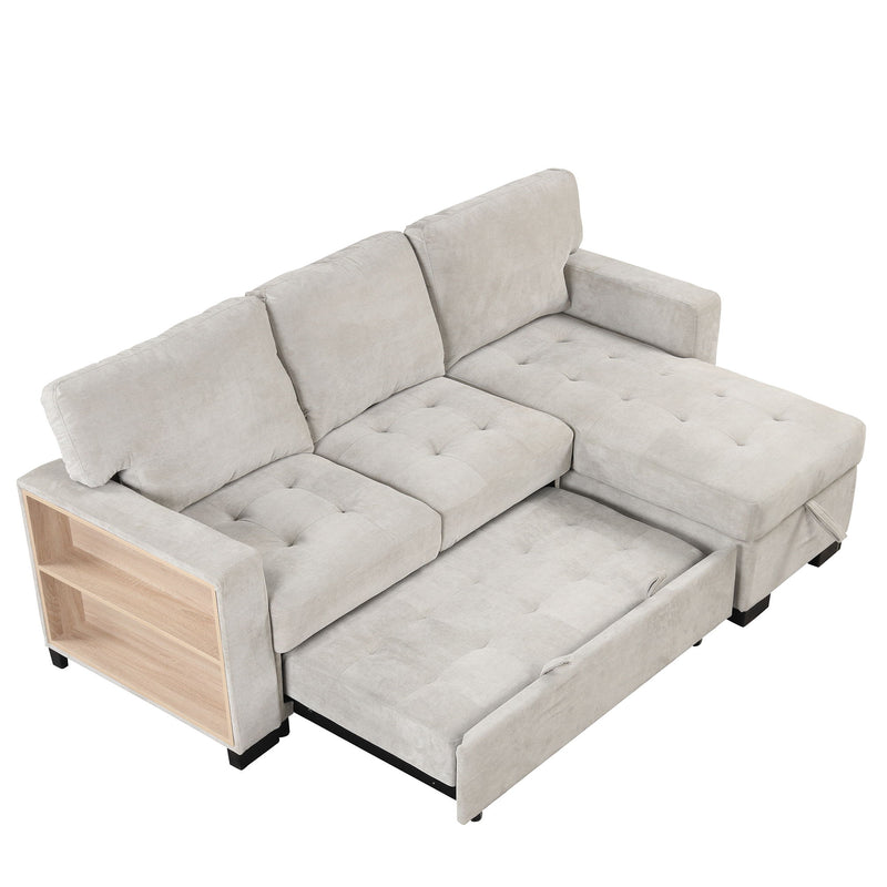 Stylish And Functional Light Chaise Lounge Sectional With Storage Rack Pull-Out Bed Drop Down Table And USB Charger