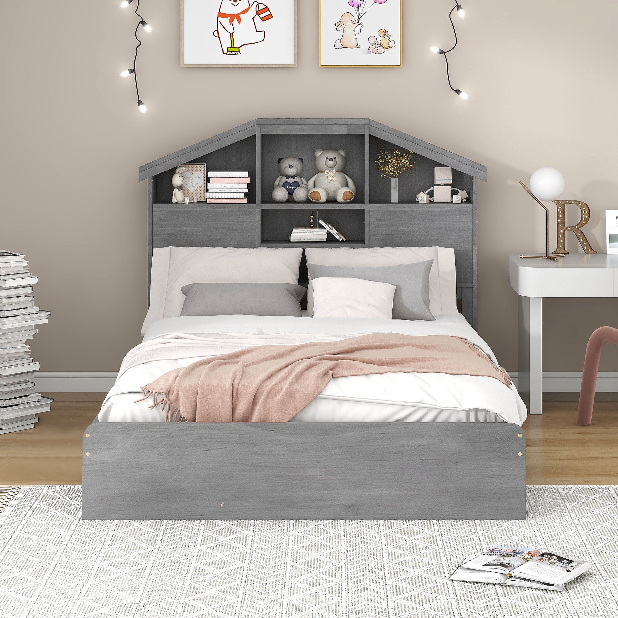 Full Size Wood Platform Bed with House-shaped Storage Headboard and 2 Drawers, Gray - Atlantic Fine Furniture Melbourne FL