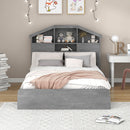 Full Size Wood Platform Bed with House-shaped Storage Headboard and 2 Drawers, Gray