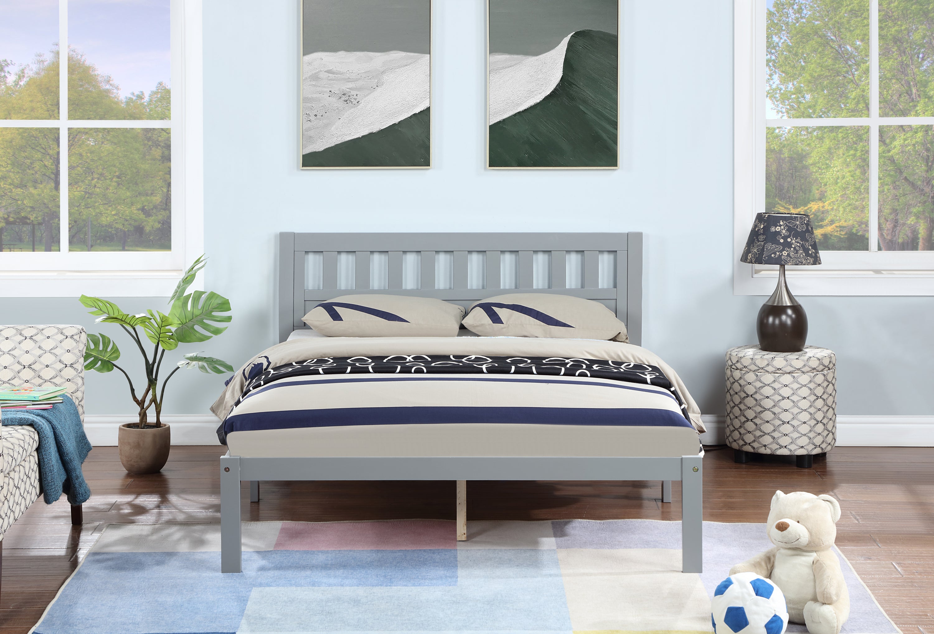 Full Size Bed, Wood Platform Bed Frame with Headboard For Kids, Slatted, Gray - Atlantic Fine Furniture Melbourne FL
