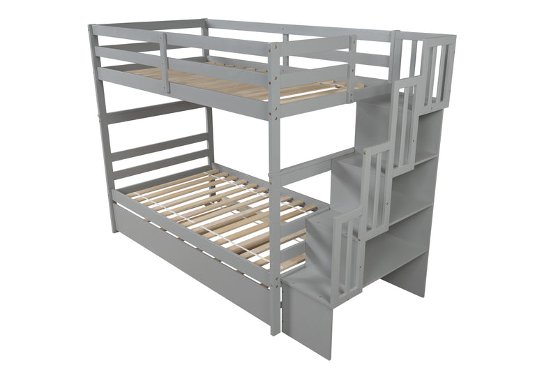 Twin Over Twin Bunk Beds With Twin Trundle And Stairway Storage Function