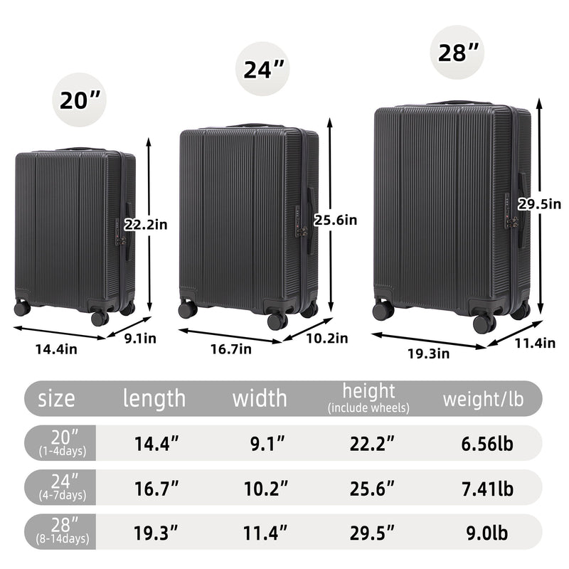 20" / 24" / 28" 3 Pieces / Set Spinner Wheel Luggage, Carry On Suitcase, Matching Color, TSA Combination Lock