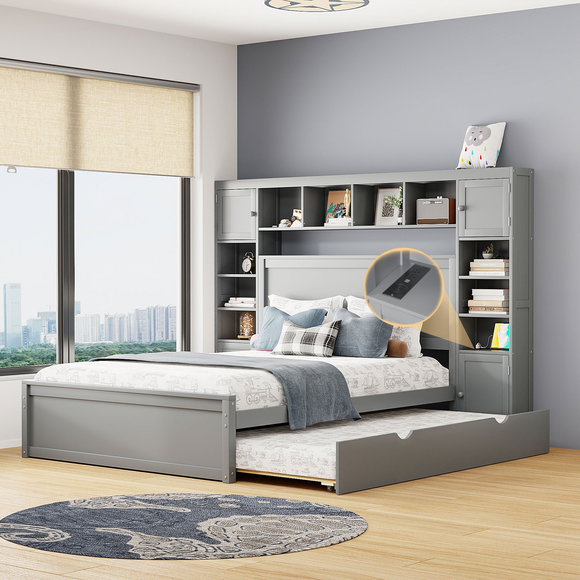 Queen Size Wooden Bed With All-in-One Cabinet, Shelf and Sockets, Gray - Atlantic Fine Furniture Melbourne FL