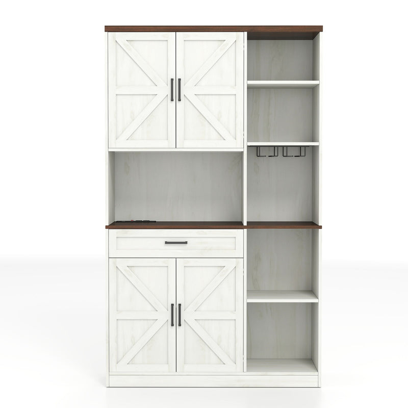 Farmhouse Kitchen Pantry Sideboard With Cabinet And Drawer, Multi Functional Kitchen Buffet With Hutch And Glass Holder, Microwave Stand With Charging Station - Brown / Antique White