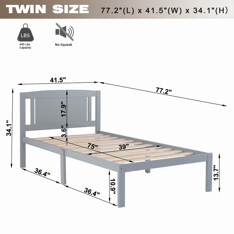 Twin Size Bed, Wood Platform Bed Frame with Headboard For Kids, Slatted, Gray