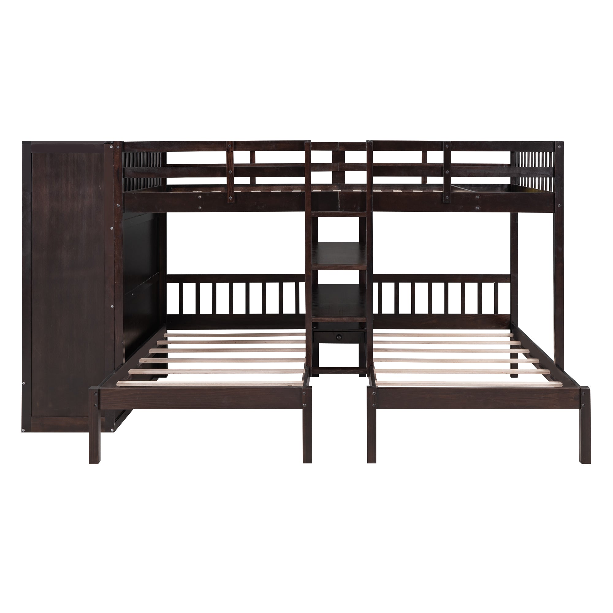 Full-Over-Twin-Twin Bunk Bed with Shelves, Wardrobe and Mirror, Espresso - Atlantic Fine Furniture Melbourne FL