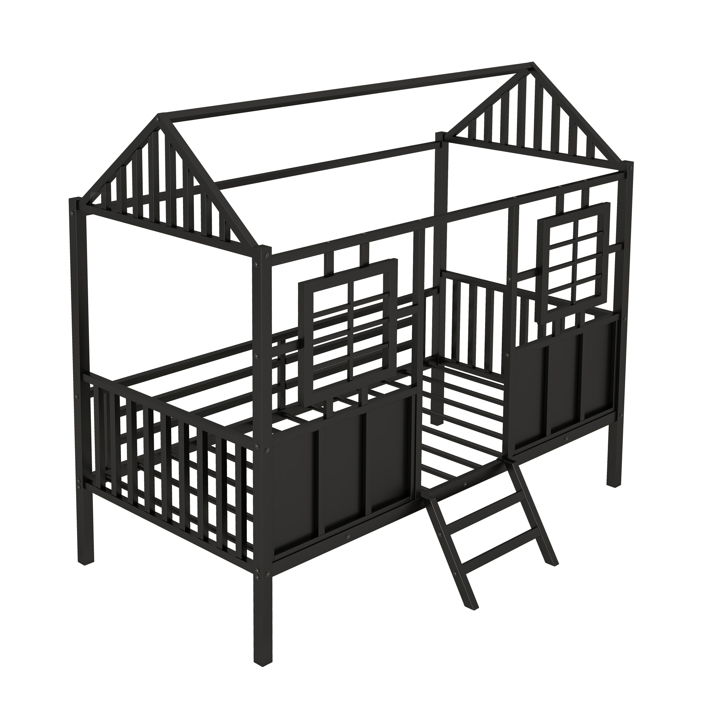 Twin Size Metal Low Loft House Bed with Roof and Two Front Windows , Black - Atlantic Fine Furniture Melbourne FL