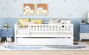 Full Size Wood Daybed with Trundle and Fence Guardrails, White