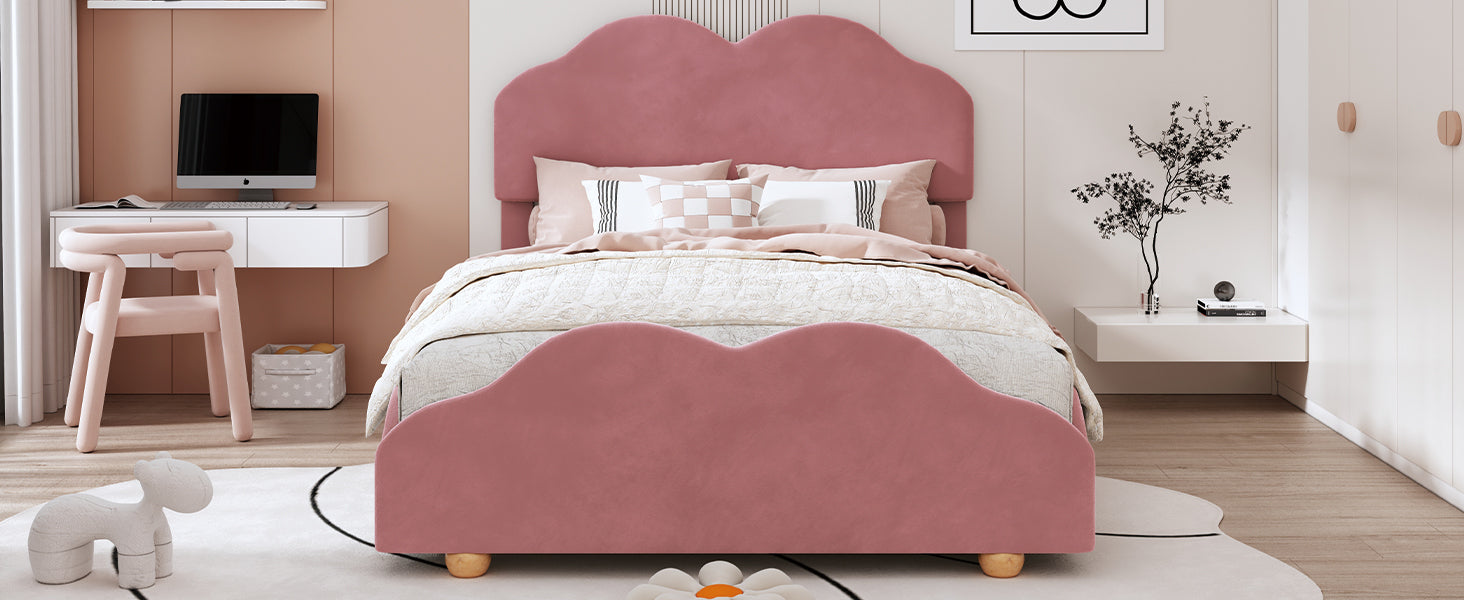 Full Size Upholstered Platform Bed with Cloud Shaped bed board, Dark Pink - Atlantic Fine Furniture Melbourne FL