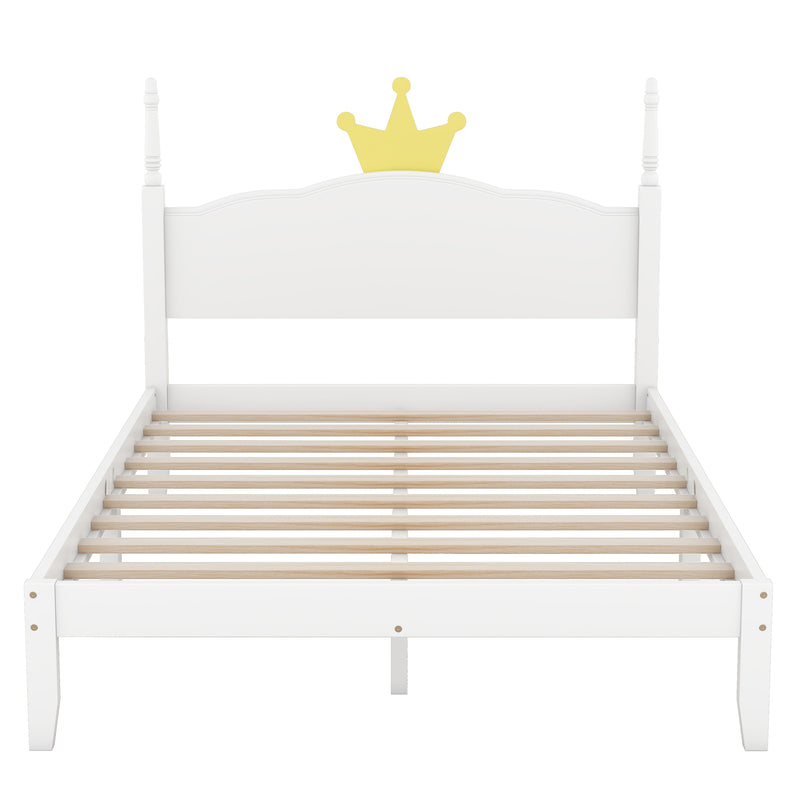 Full Size Wood Platform Bed with Crown Shaped Headboard, White