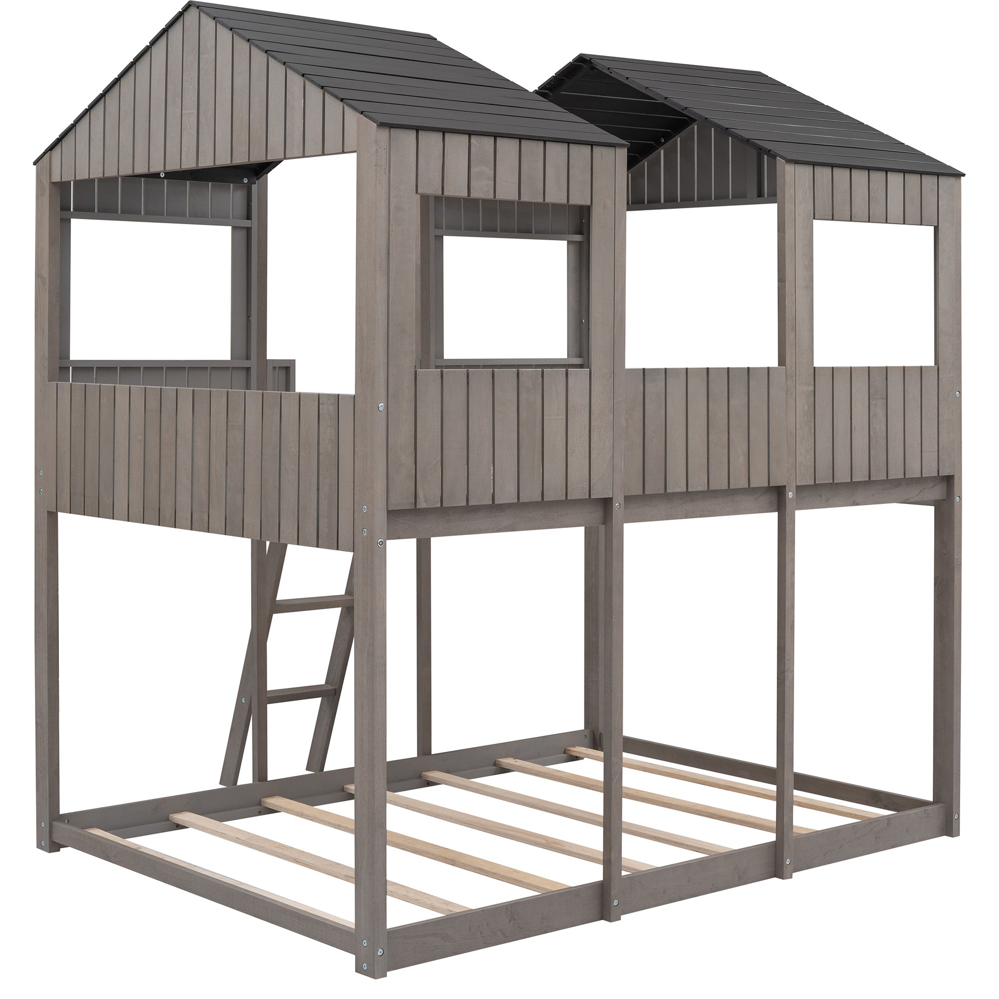 Full Over Full WoodBunk Bed with Roof, Window, Guardrail, Ladder(Antique Gray)( old sku: LT000031AAE ) - Atlantic Fine Furniture Melbourne FL