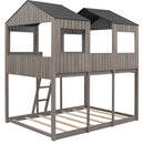 Full Over Full WoodBunk Bed with Roof, Window, Guardrail, Ladder(Antique Gray)( old sku: LT000031AAE )