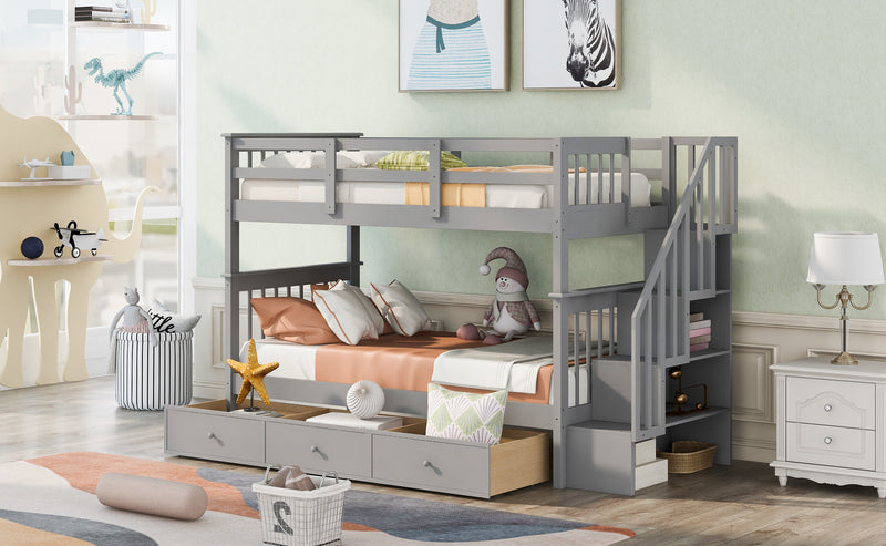 Stairway Twin-Over-Twin Bunk Bed with Three Drawers for Bedroom, Dorm - Gray(Old SKU: LP000309AAE)