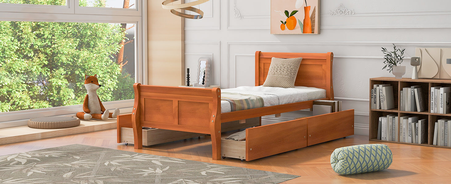 Twin Size Wood Platform Bed with 4 Drawers and Streamlined Headboard & Footboard, Oak - Atlantic Fine Furniture Melbourne FL