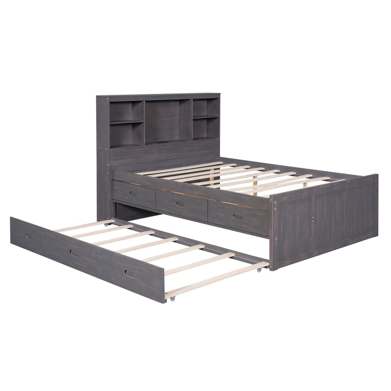 Full Size Platform Bed with Storage Headboard, Charging Station, Twin Size Trundle and 3 Drawers, Antique Brown