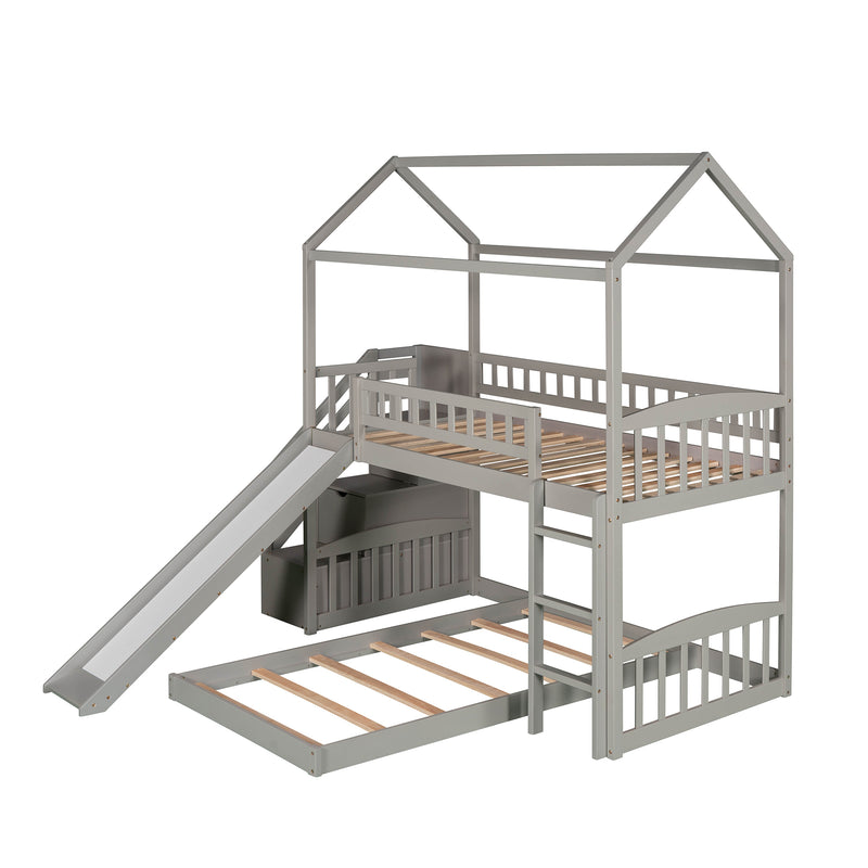 Twin Over Twin Bunk Bed with Two Drawers and Slide, House Bed with Slide, White(OLD SKU :LP000129AAE)