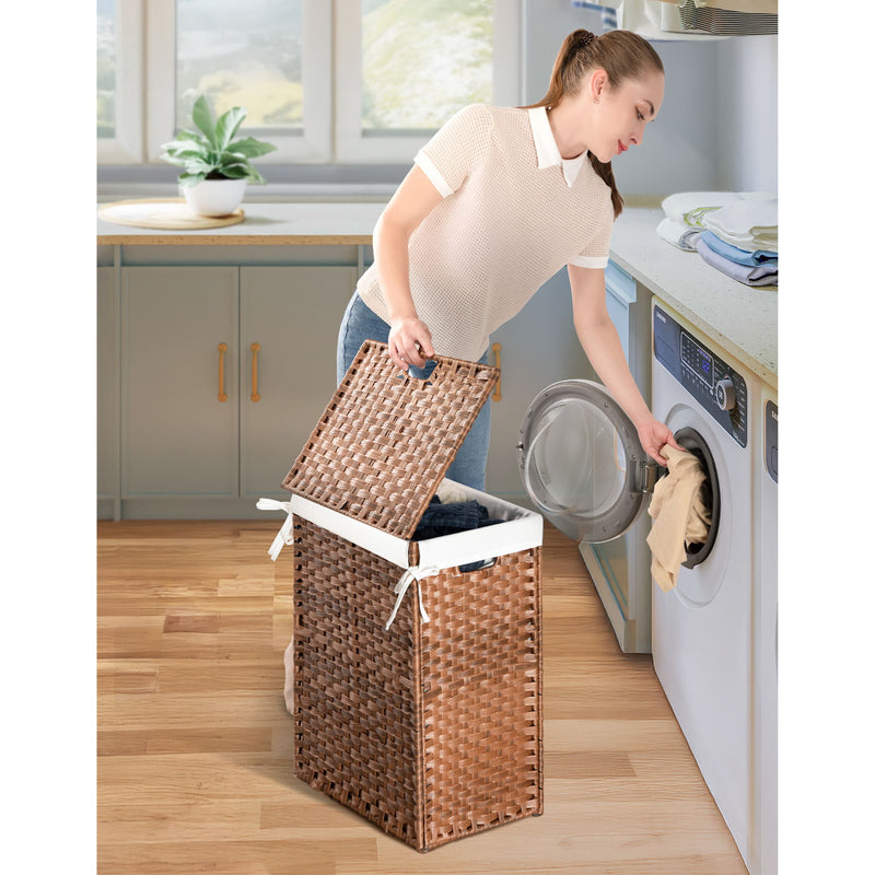 Laundry Hamper With Lid PE Rattan Powder Coating Frame Clothes Hampers With 2 Removable Bags