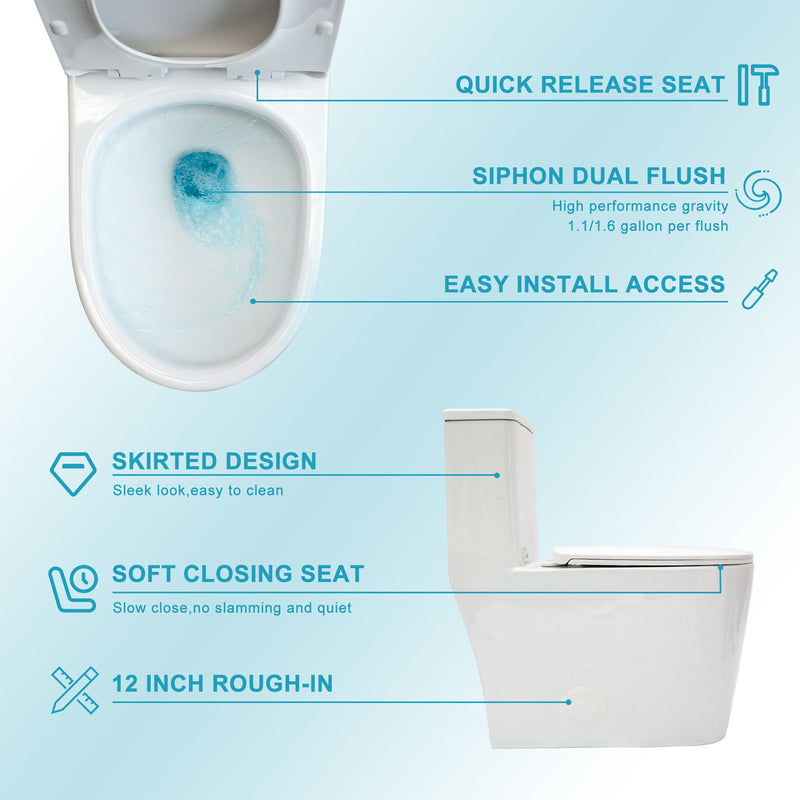 1 Piece Toilet For Bathroom, Soft Closing Seat, Dual Flush 1.1 / 1.6 Gpf - White
