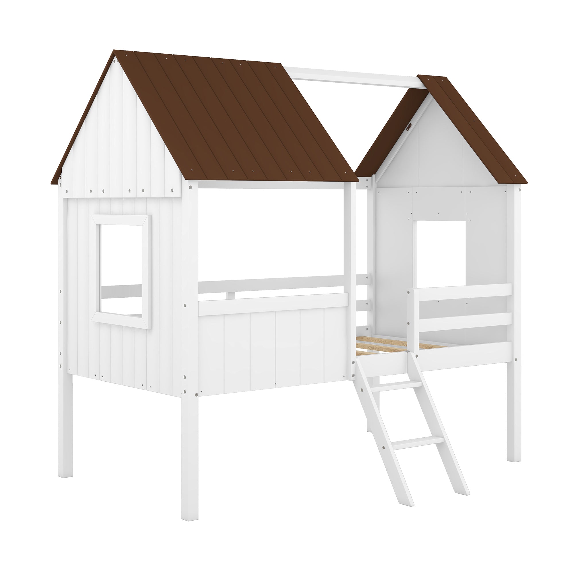 Twin Size Low Loft Wood House Bed with Two Side Windows  (White+Brown)(OLD SKU: LP000037AAD) - Atlantic Fine Furniture Melbourne FL
