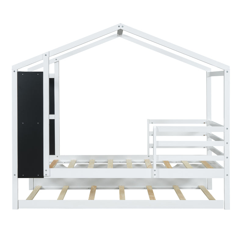 Twin Size Wood House Bed with Fence and Writing Board, White