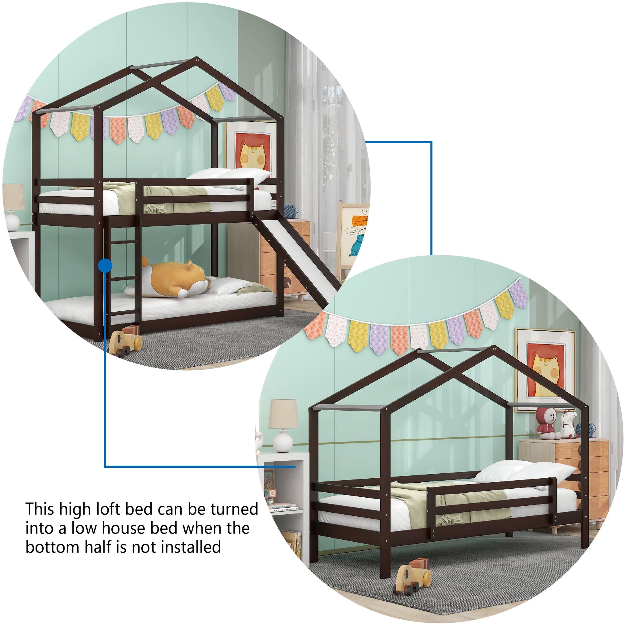 Twin Over Twin Bunk Bed with Roof, Slide and Ladder, Espresso - Atlantic Fine Furniture Melbourne FL