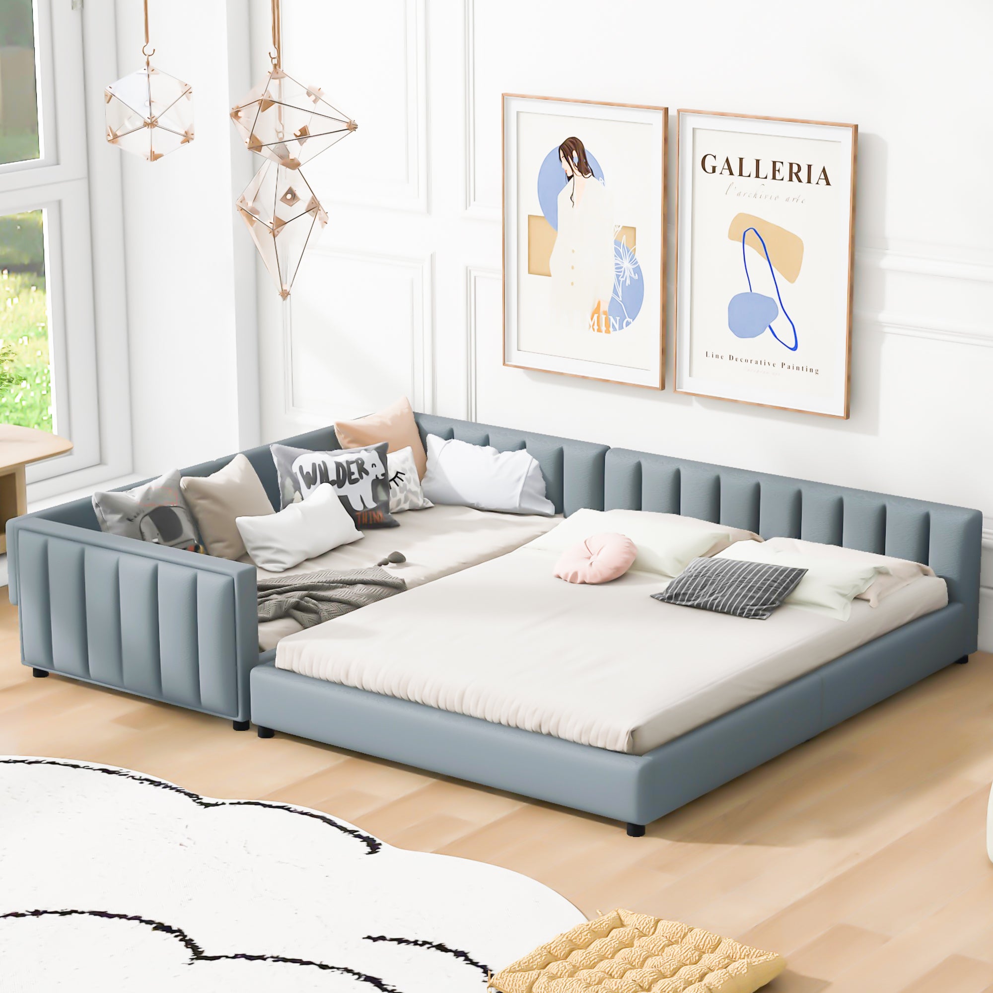 Queen Size & Twin XL Size Upholstered Platform Bed, Mother & Child Bed, PU Leather, Gray - Atlantic Fine Furniture Melbourne FL