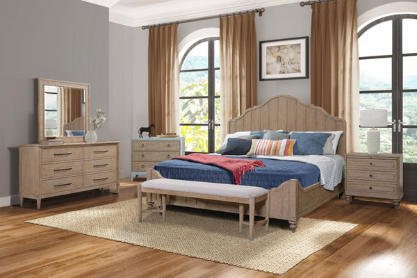 King Panel Bedroom Set With 3 Drawer Nightstand, Casual Dresser, Cane Mirror, 3 Drawer Cane Front Chest And Bench - Sand