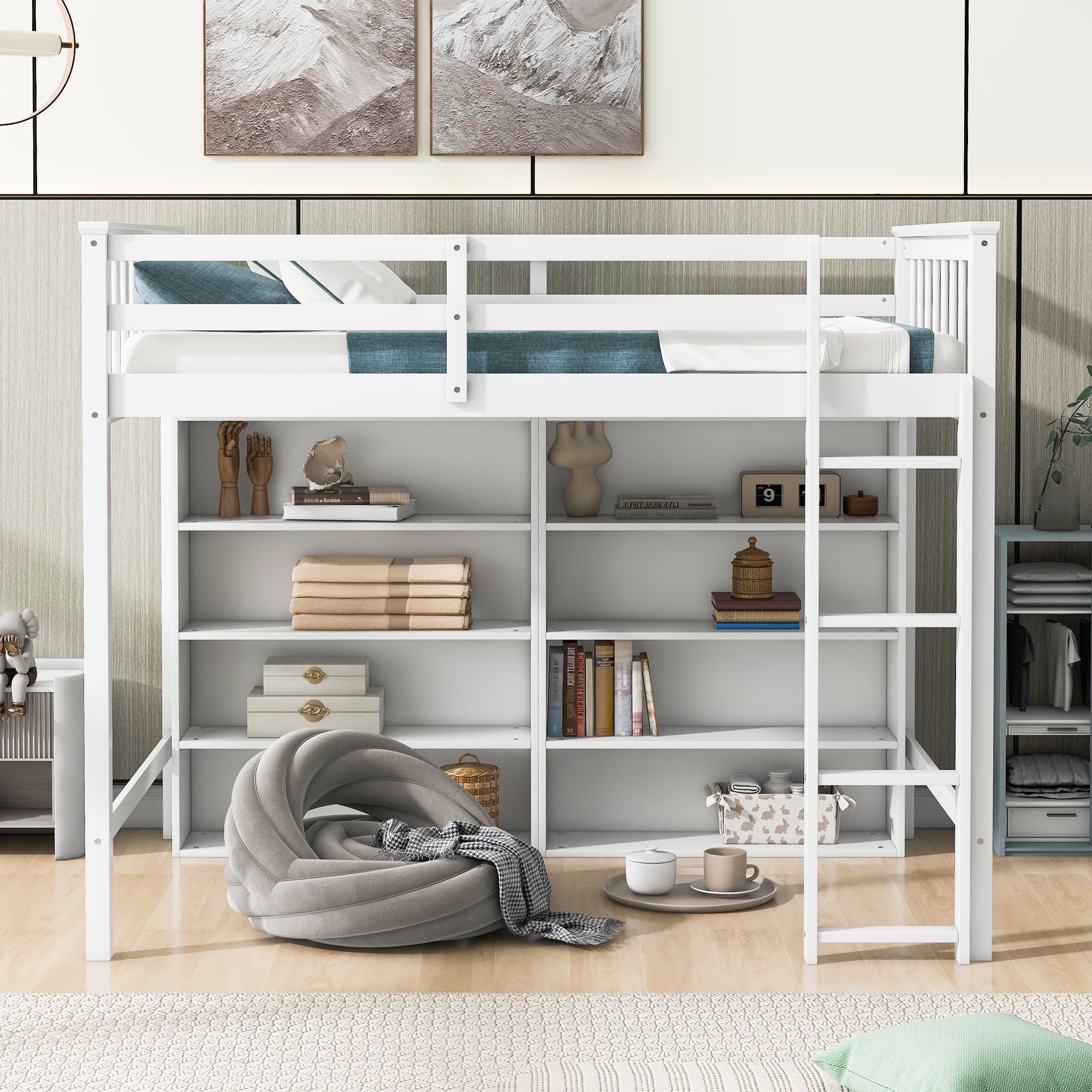 Twin Size Loft Bed with 8 Open Storage Shelves and Built-in Ladder, White - Atlantic Fine Furniture Melbourne FL