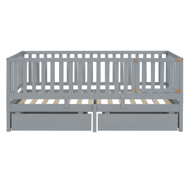Daybed With Fence Guardrails And 2 Drawers, Split Into Independent Floor Bed & Daybed