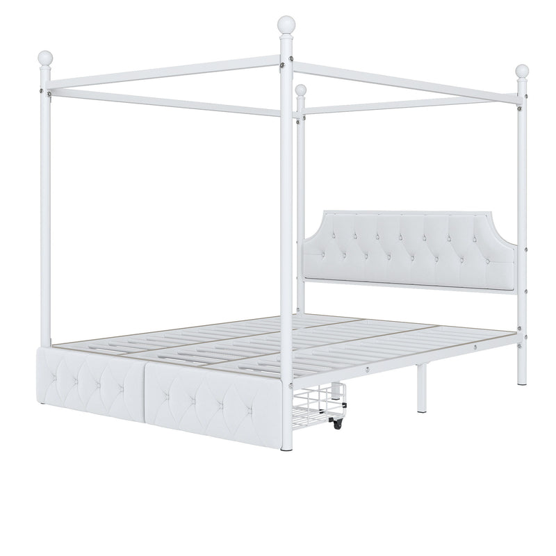 Canopy Platform Bed With Upholstered Headboard And 2 Storage Drawers - White