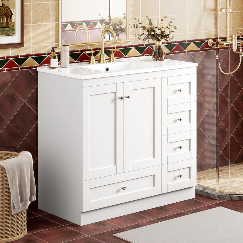 Shaker Free Standing Bathroom Vanity Cabinet With Sink, Soft Close Drawers And Doors - White