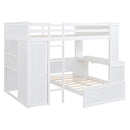 Full size Loft Bed with a twin size Stand-alone bed, Shelves,Desk,and Wardrobe-White