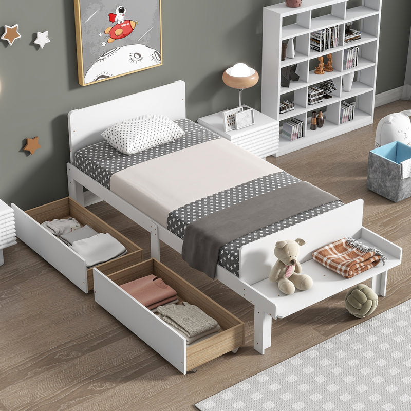 Twin Bed with Footboard Bench,2 drawers,White