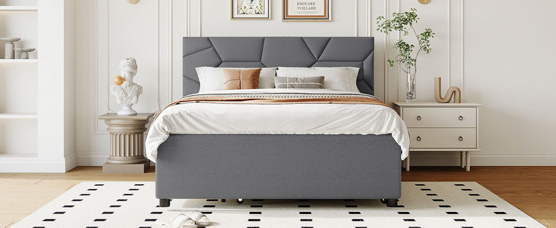 Full Size Upholstered Platform Bed With Brick Pattern Headboard, With Twin Size Trundle And 2 Drawers, Linen