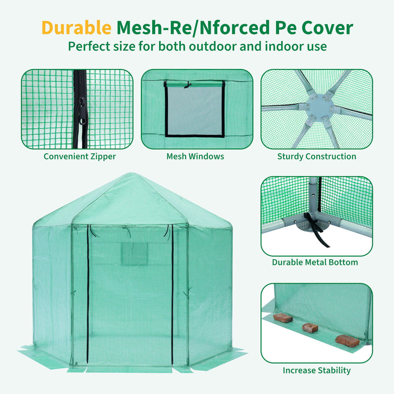 Walk-in Greenhouse Hexagonal Upgrade Reinforced Frame Heavy Duty Plastic Greenhouse Reinforced Thickened Waterproof Insulation (9.2*8.1 ft) - Green