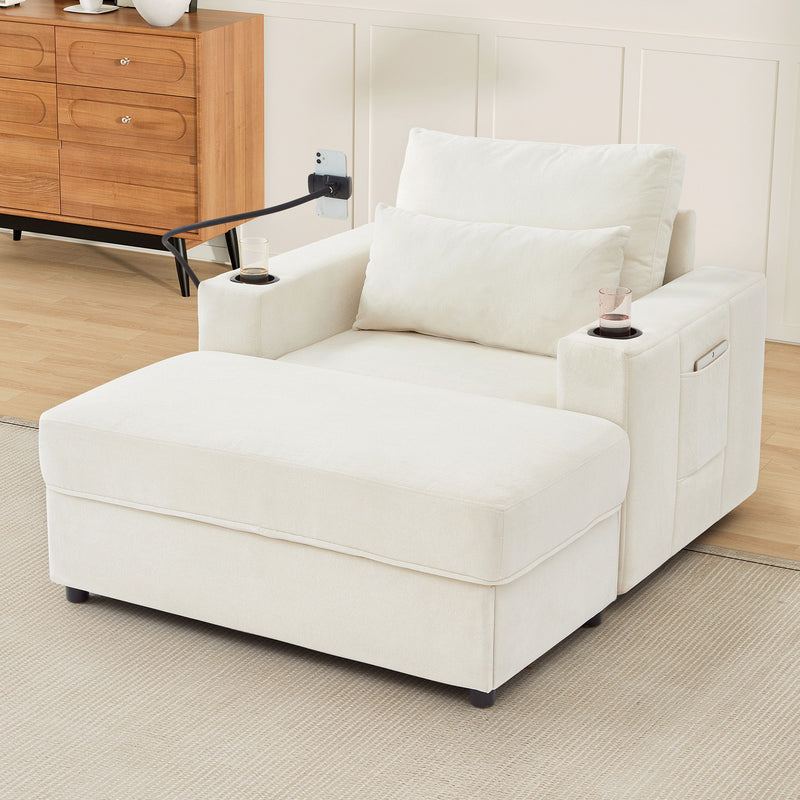 Modern Style Armchair Chaise Lounge Sofa Couch With Movable Storage Ottoman, USB Ports, Cup Holders, Phone Holder, Side Pockets