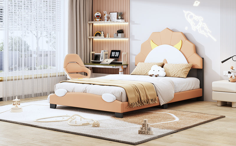 Twin Size Upholstered Leather Platform Bed with Lion-Shaped Headboard, Brown