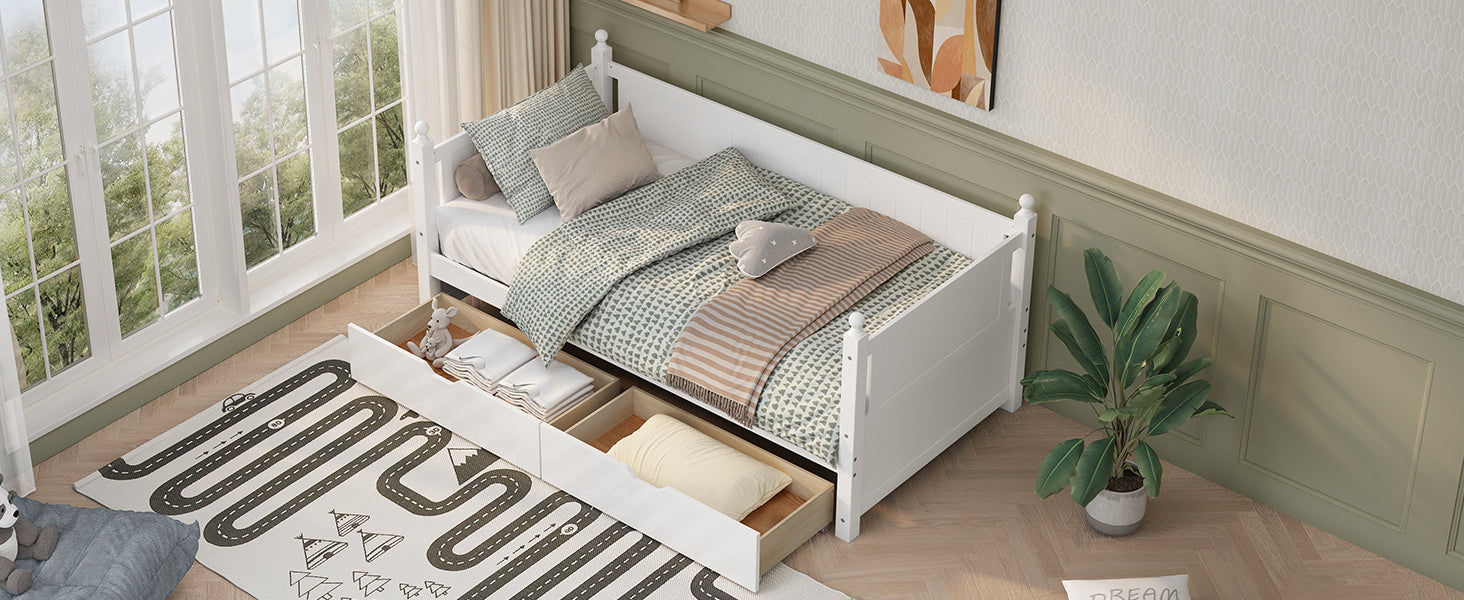 Twin Size Solid Wood Daybed with 2 drawers for Limited Space Kids, Teens, Adults, No Need Box Spring, White - Atlantic Fine Furniture Melbourne FL