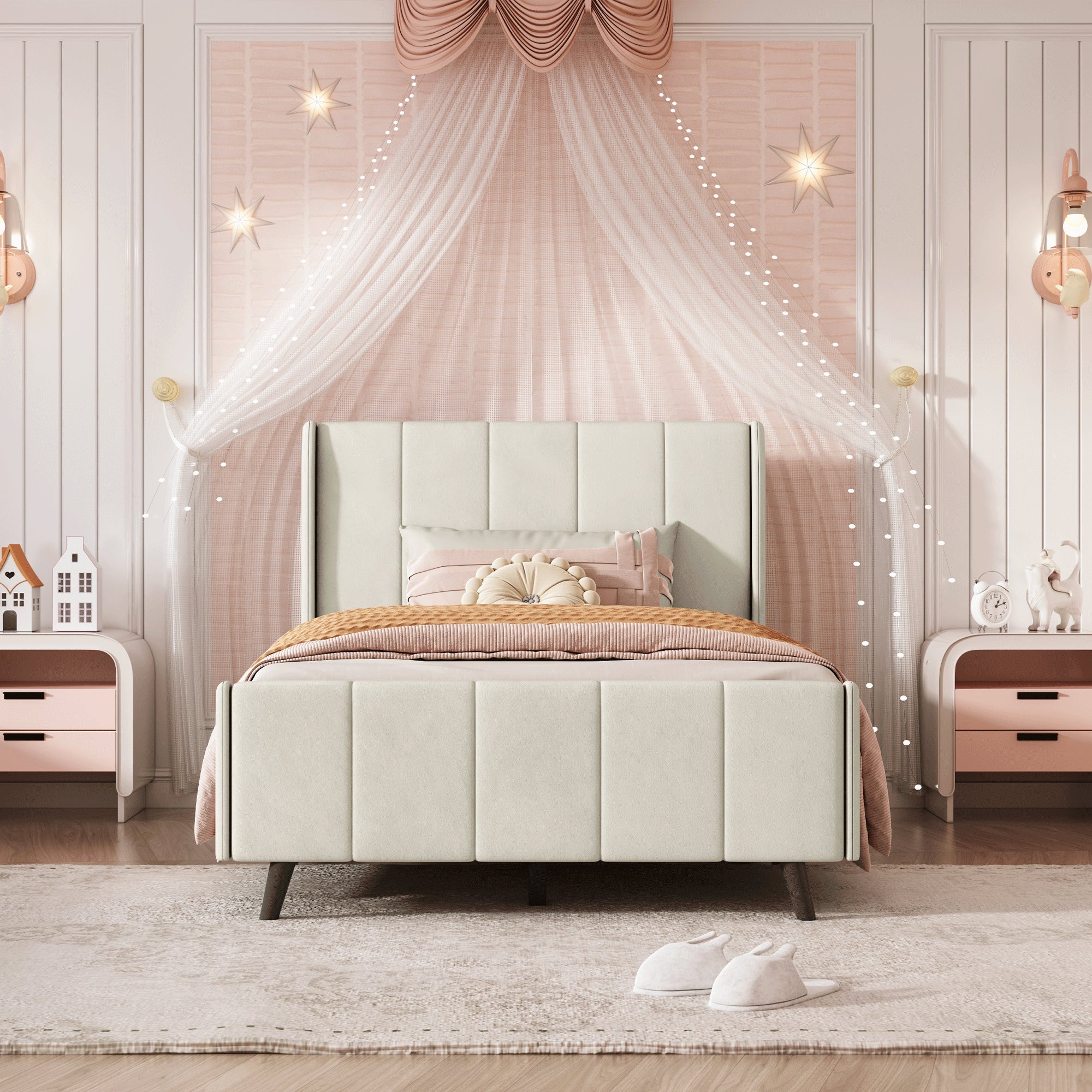 Twin Size Upholstered Platform Bed, Velvet, Beige - Atlantic Fine Furniture Melbourne FL