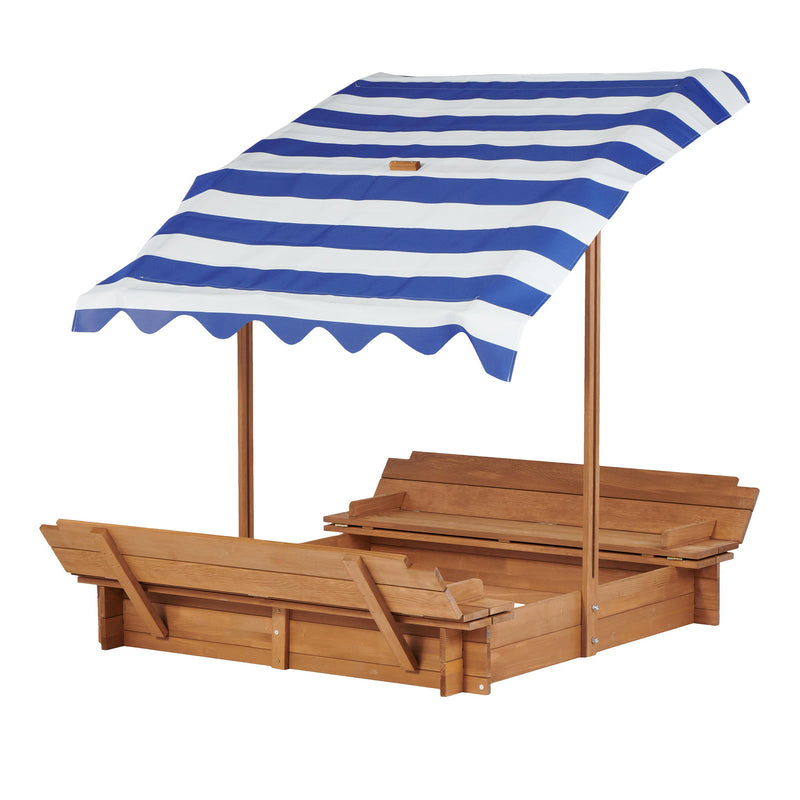 Kids Sandbox With Adjustable Cover, Sand Box With 2 Foldable Bench Seats, Outdoor Sandpit For Backyard Play - Light Brown