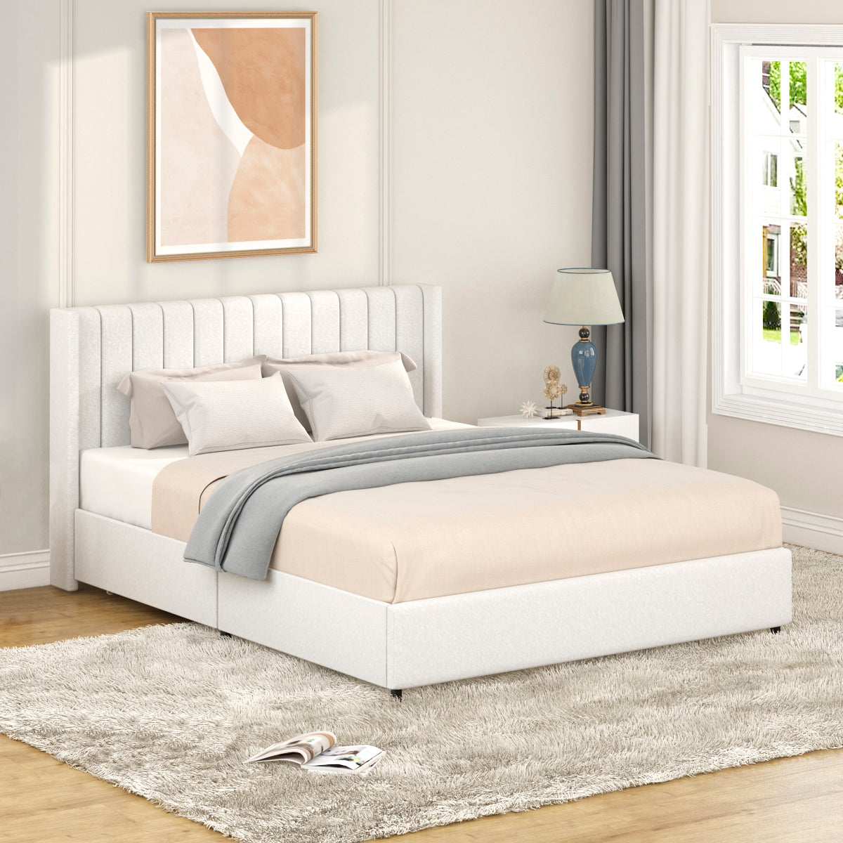 Anda Queen Size Ivory Boucle Upholstered Platform Bed with Patented 4 Drawers Storage, Tufted Headboard, Wooden Slat Mattress Support, No Box Spring Needed. - Atlantic Fine Furniture Melbourne FL