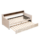 Twin Size Snowflake Velvet Daybed with Trundle and Built-in Storage Shelves,Beige
