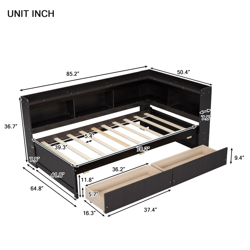 Twin Bed with L-shaped Bookcases,Drawers,Espresso