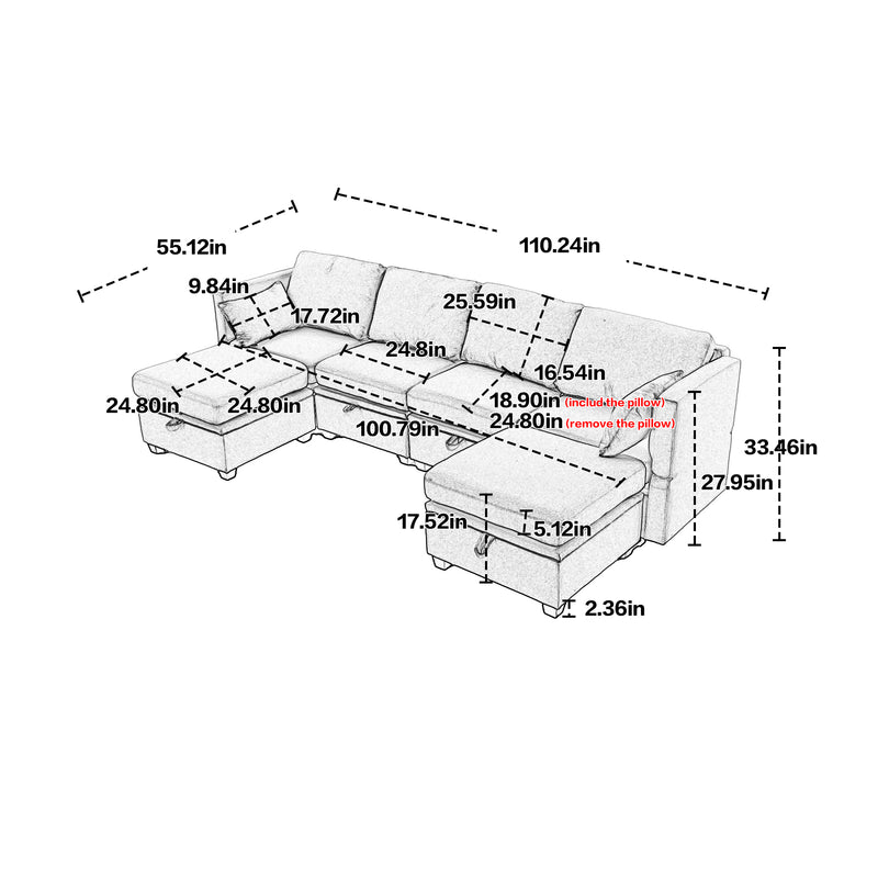 UNITED WE WIN Modular Sectional Sofa U Shaped Modular Couch with Reversible Chaise Modular Sofa Sectional Couch with Storage Seats