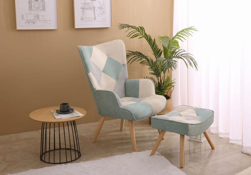 Accent Chair With Ottoman, Living Room Chair And Ottoman Set, Comfy Side Armchair For Bedroom, Creative Splicing Cloth Surface