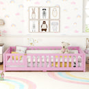 Full Size Bed Floor Bed with Safety Guardrails and Door for Kids, Pink