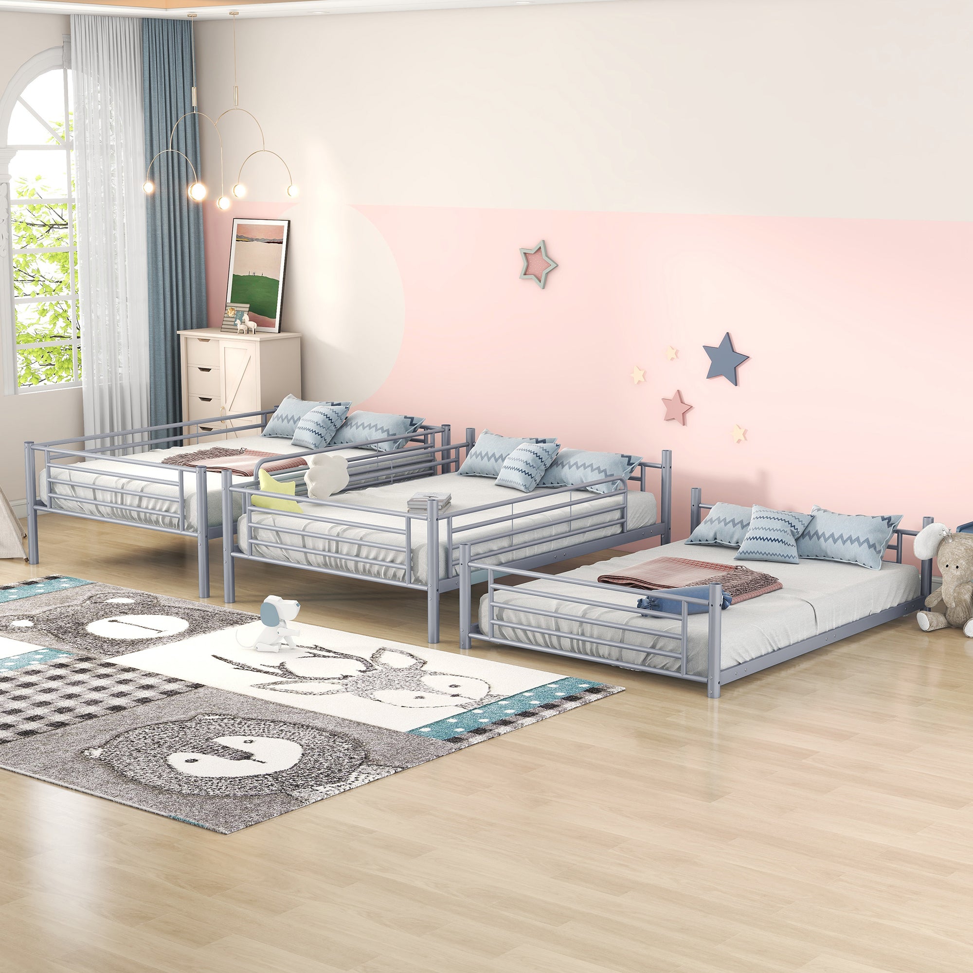 Full-Full-Full Metal  Triple Bed  with Built-in Ladder, Divided into Three Separate Beds,Gray(OLD SKU:LP000297AAE) - Atlantic Fine Furniture Melbourne FL