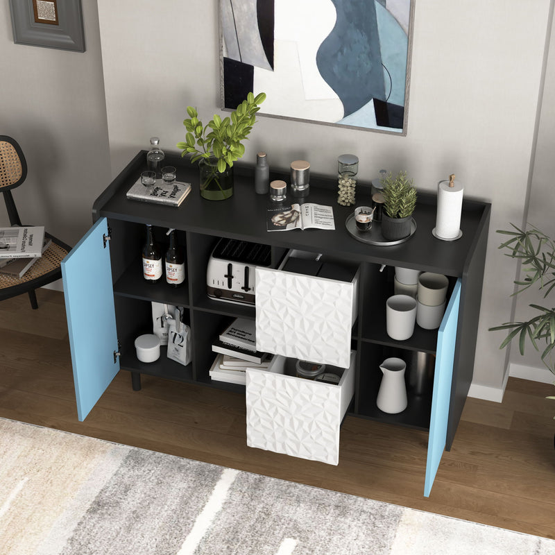 Modern Sideboard Buffet Cabinet With Red Doors And Unique Panel Styling